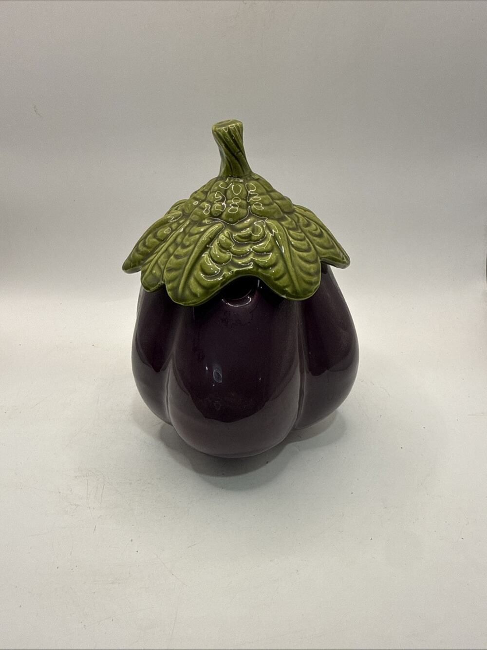 Vintage Ceramic Eggplant Condiment Jar Purple Green Leaf Lid *